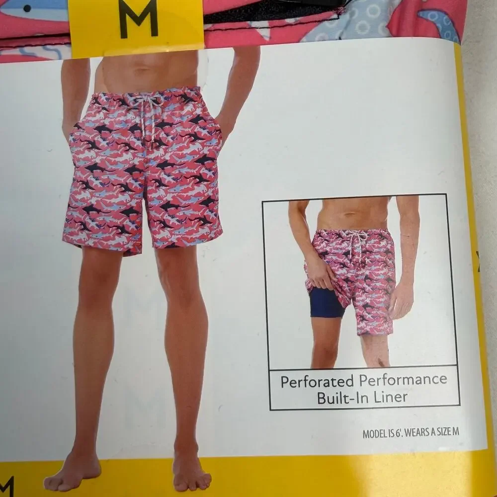 Members Mark Swim Trunks Men's Medium Pink Sharks Quick Dry 50+ SPF Stretch NEW